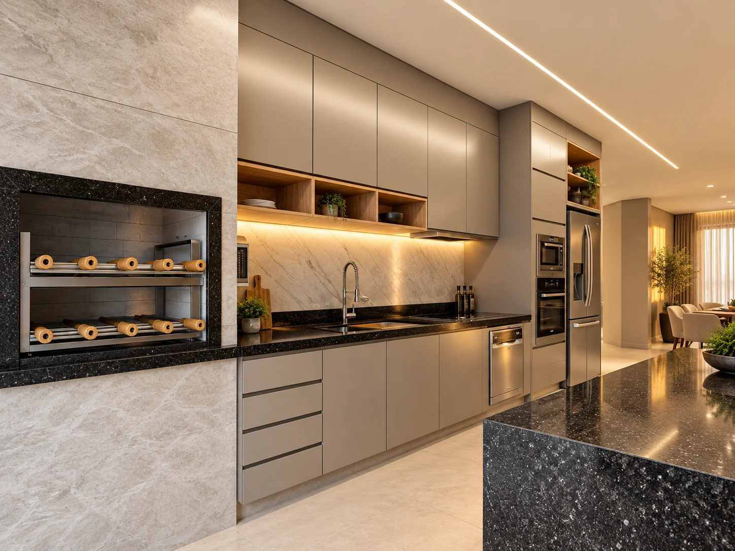 Cozinha planejada contemporânea com iluminação quente